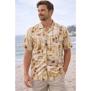 NWG Retro Geometric Button Up Shirt Men’s XL Tan Brown Abstract Casual